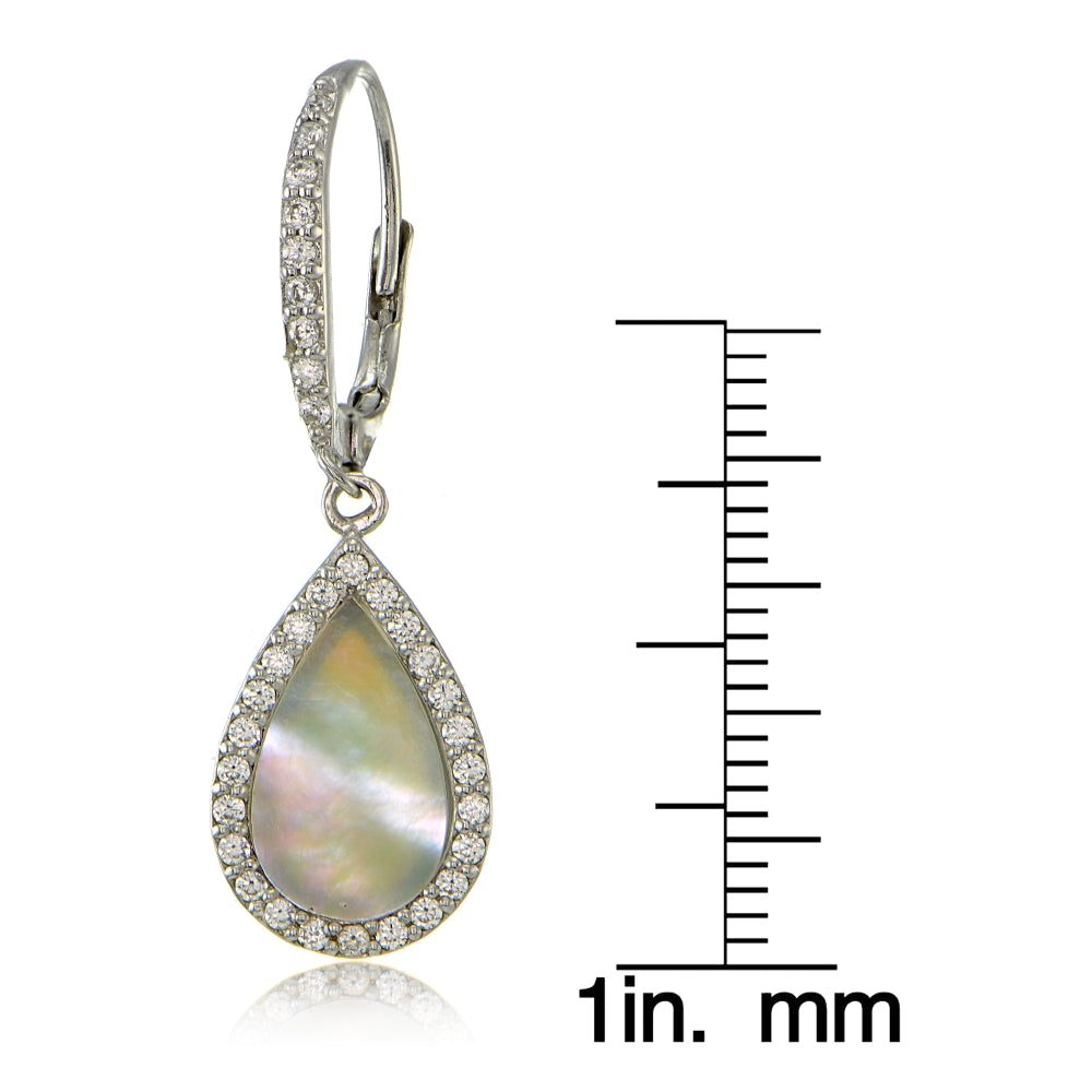 Sterling Silver Mother of Pearl and Cubic Zirconia Teardrop Dangle Leverback Earrings-4