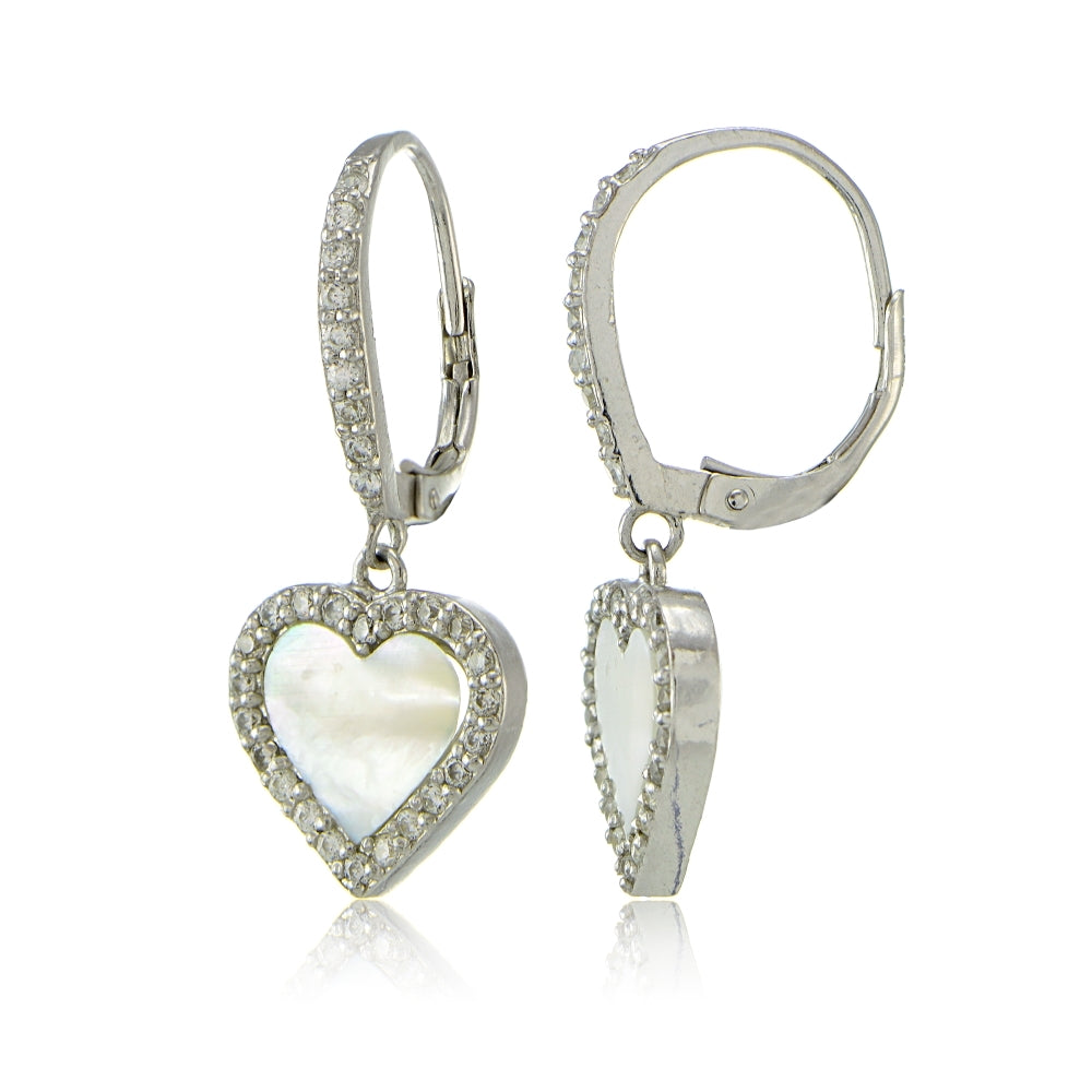 Sterling Silver Mother of Pearl and Cubic Zirconia Heart Dangle Leverback Earrings