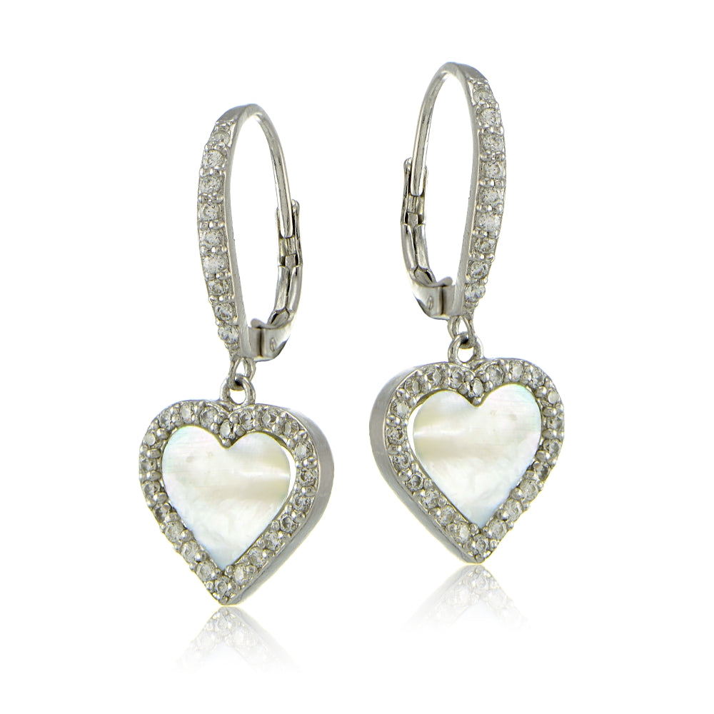Sterling Silver Mother of Pearl and Cubic Zirconia Heart Dangle Leverback Earrings-2