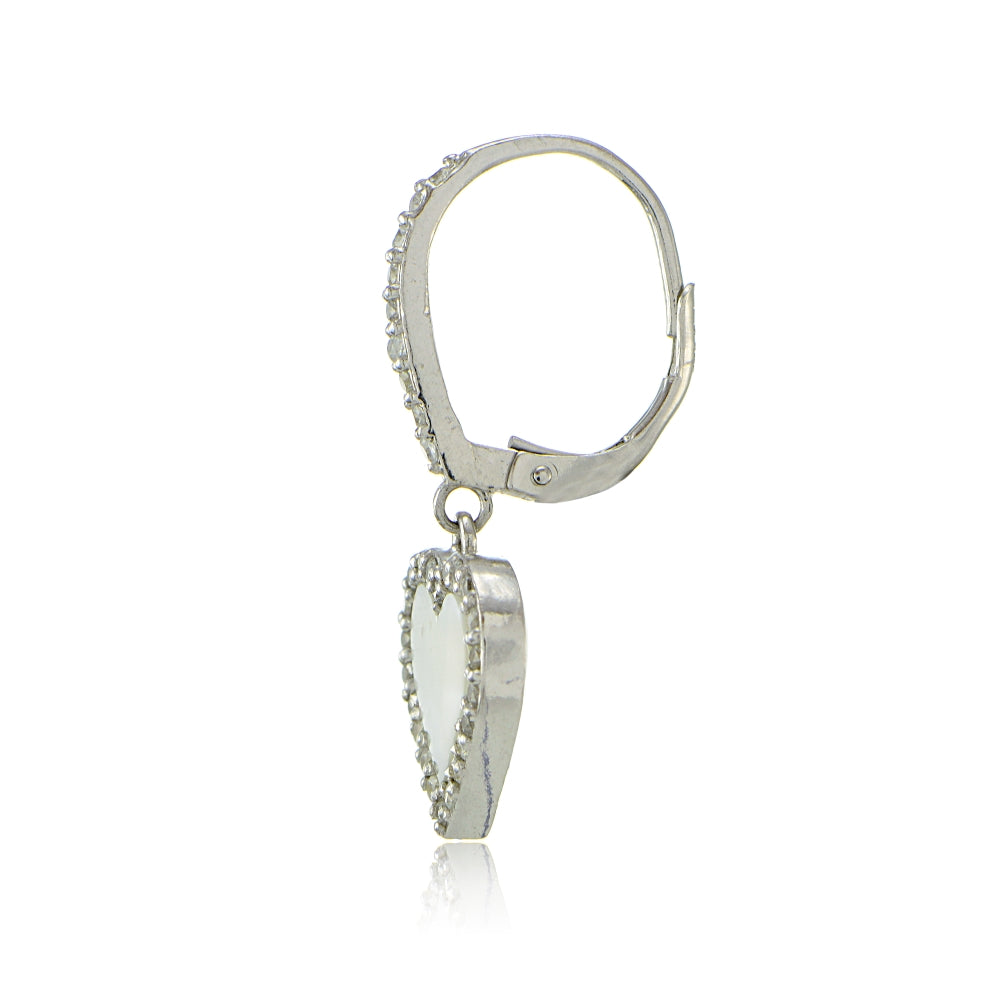 Sterling Silver Mother of Pearl and Cubic Zirconia Heart Dangle Leverback Earrings-3