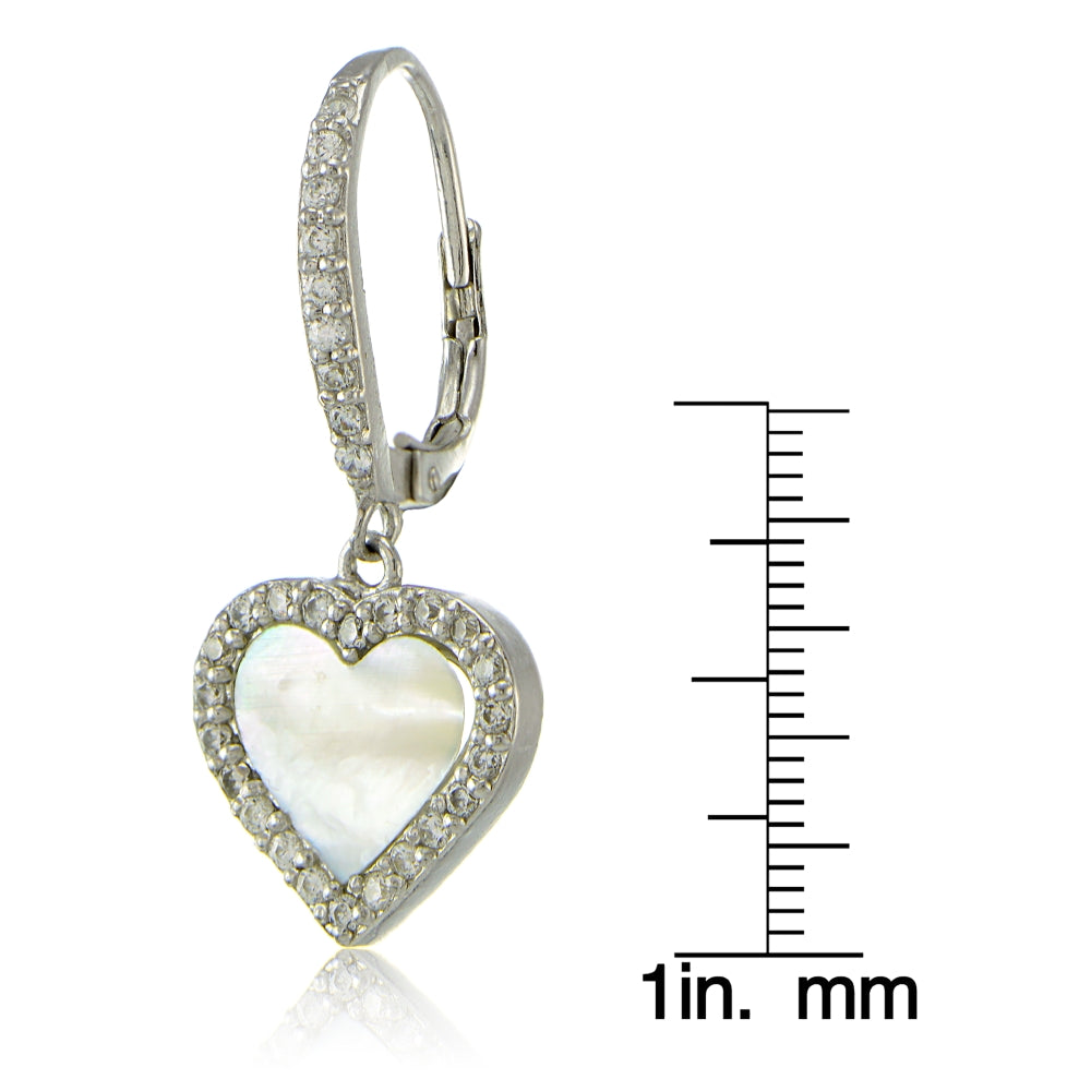 Sterling Silver Mother of Pearl and Cubic Zirconia Heart Dangle Leverback Earrings-4