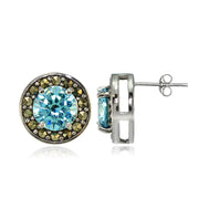 Sterling Silver Created Aquamarine and Marcasite Halo Stud Earrings