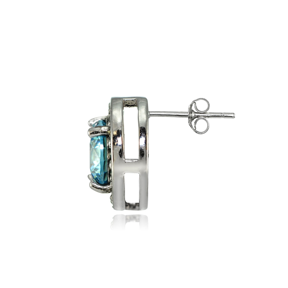 Sterling Silver Created Aquamarine and Marcasite Halo Stud Earrings-2