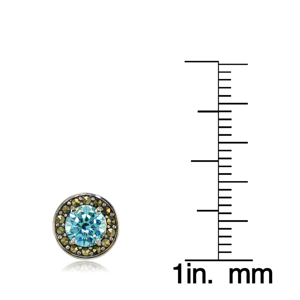 Sterling Silver Created Aquamarine and Marcasite Halo Stud Earrings-3