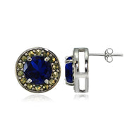 Sterling Silver Created Blue Sapphire and Marcasite Halo Stud Earrings