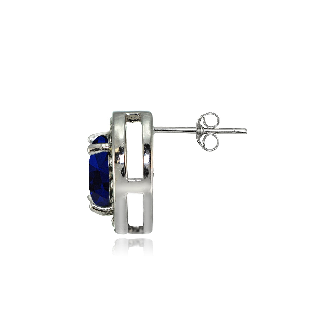 Sterling Silver Created Blue Sapphire and Marcasite Halo Stud Earrings-2