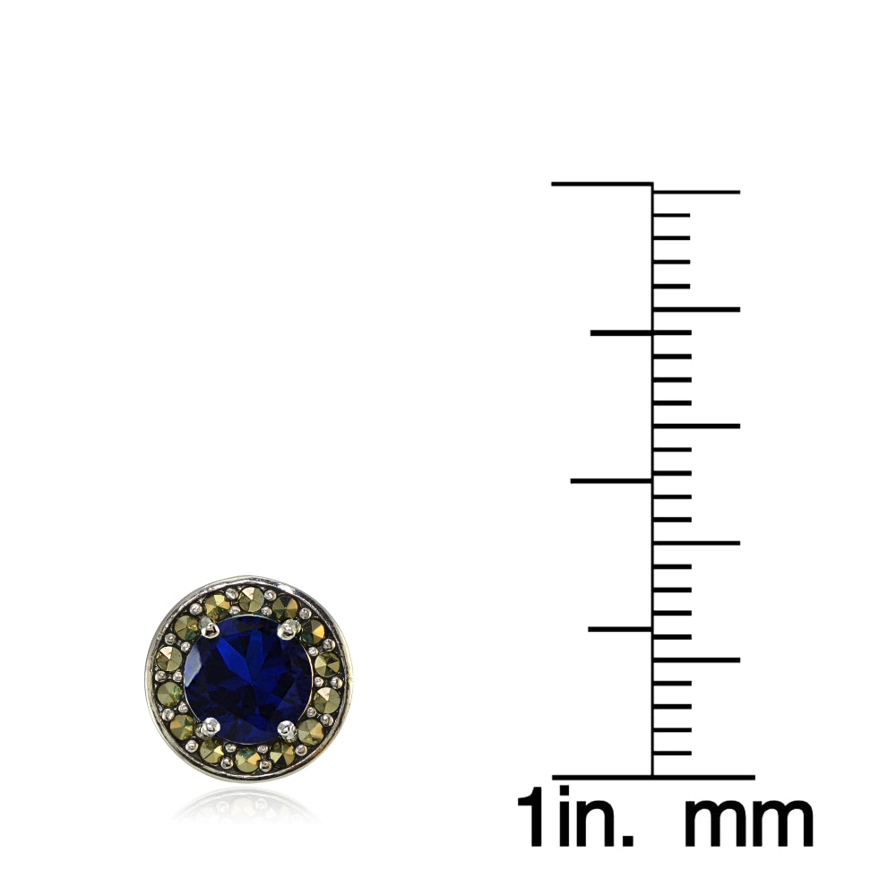 Sterling Silver Created Blue Sapphire and Marcasite Halo Stud Earrings-3