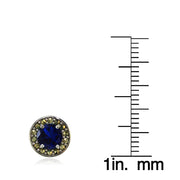 Sterling Silver Created Blue Sapphire and Marcasite Halo Stud Earrings