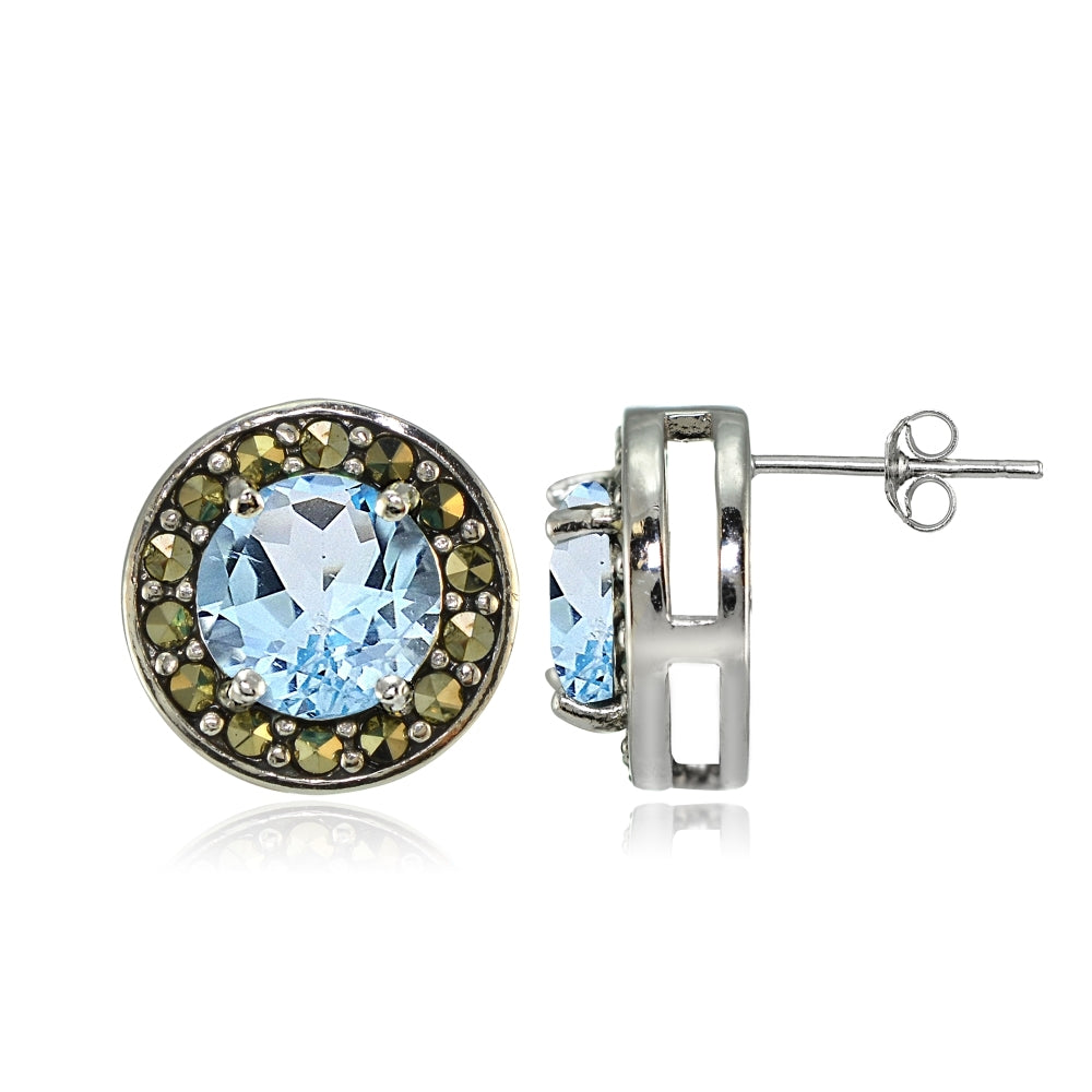 Sterling Silver Blue Topaz and Marcasite Halo Stud Earrings