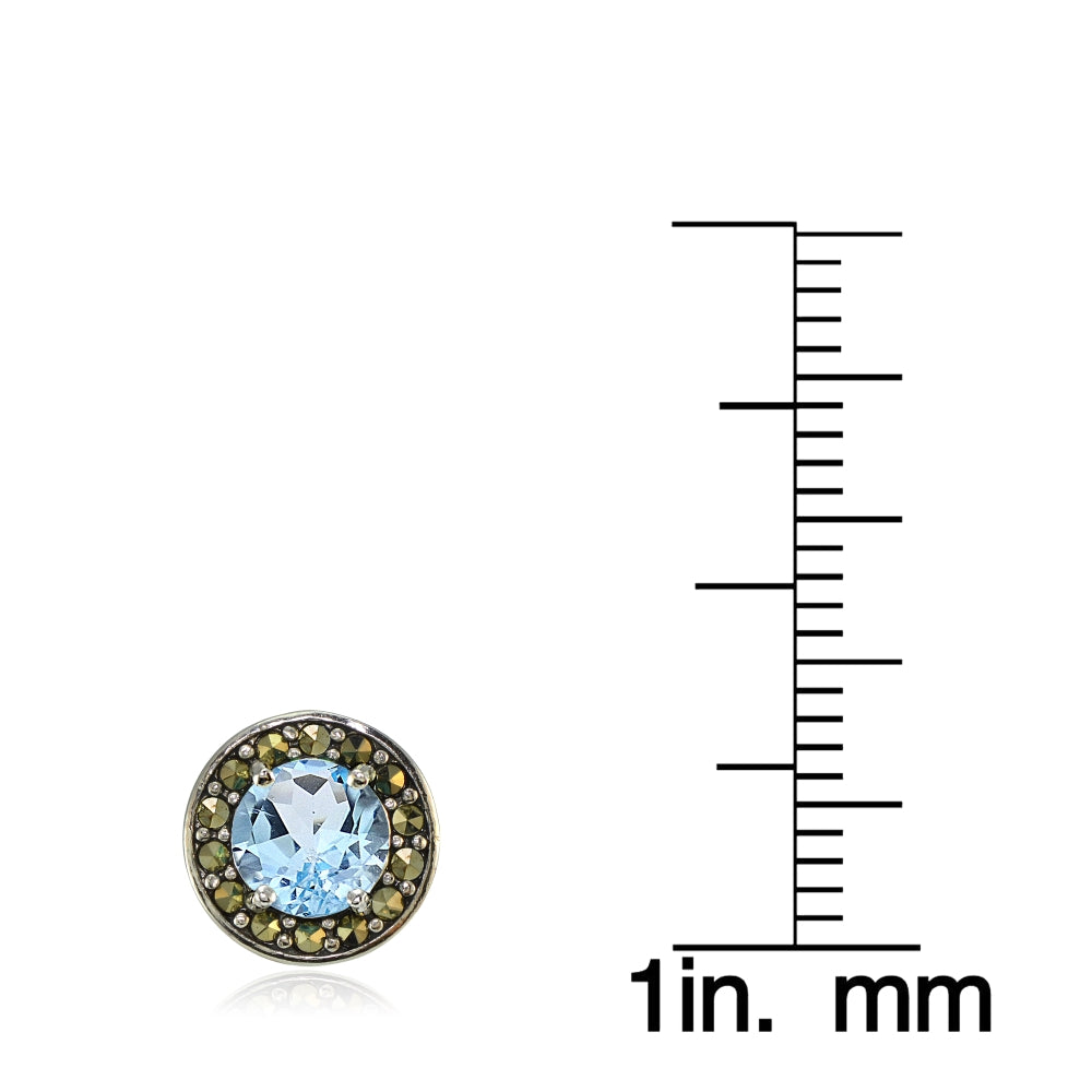 Sterling Silver Blue Topaz and Marcasite Halo Stud Earrings-3