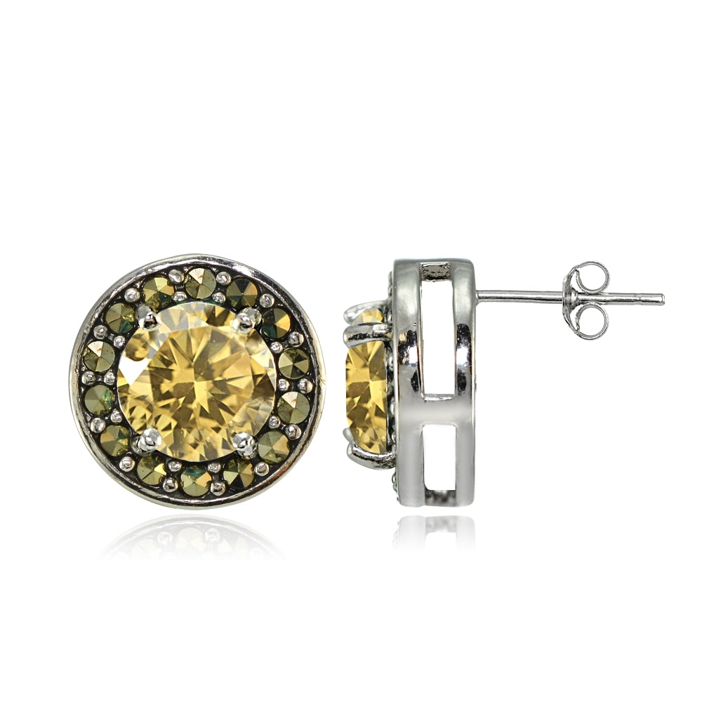 Sterling Silver Citrine and Marcasite Halo Stud Earrings