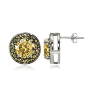 Sterling Silver Citrine and Marcasite Halo Stud Earrings