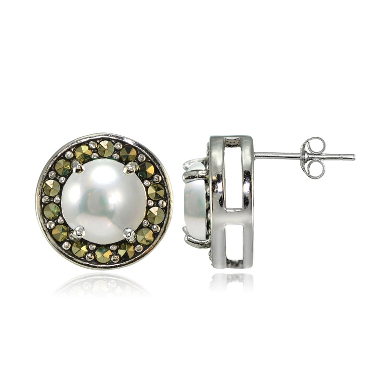 Sterling Silver Created White Pearl and Marcasite Halo Stud Earrings