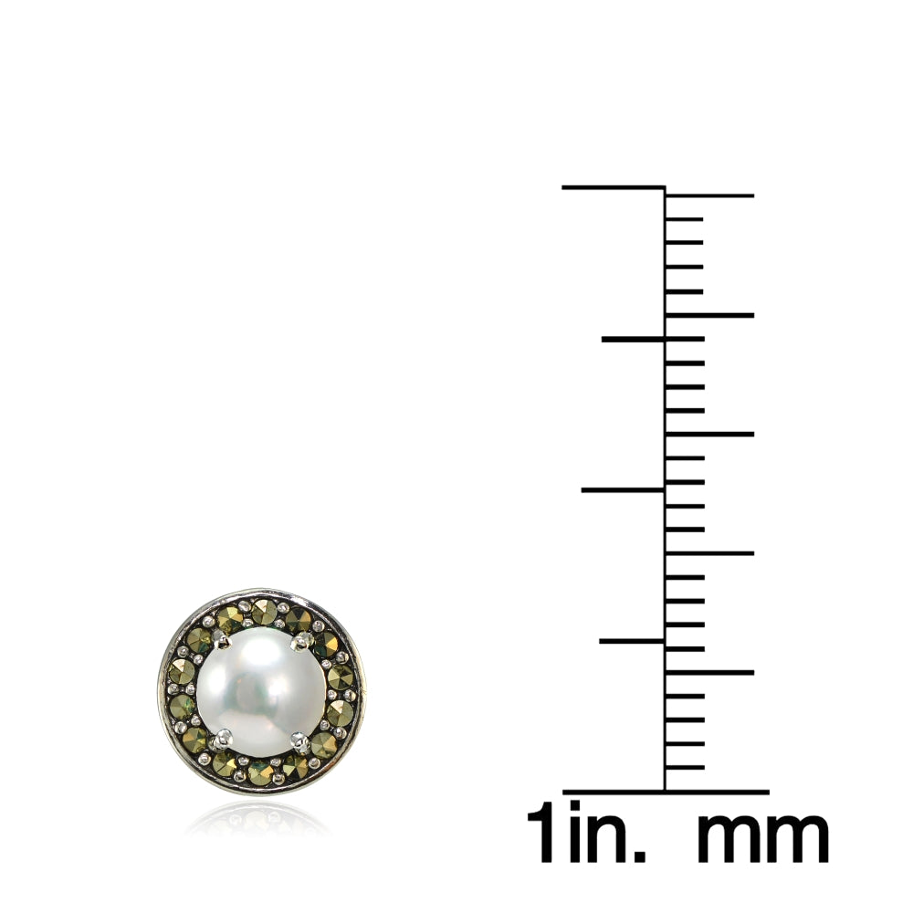 Sterling Silver Created White Pearl and Marcasite Halo Stud Earrings-3