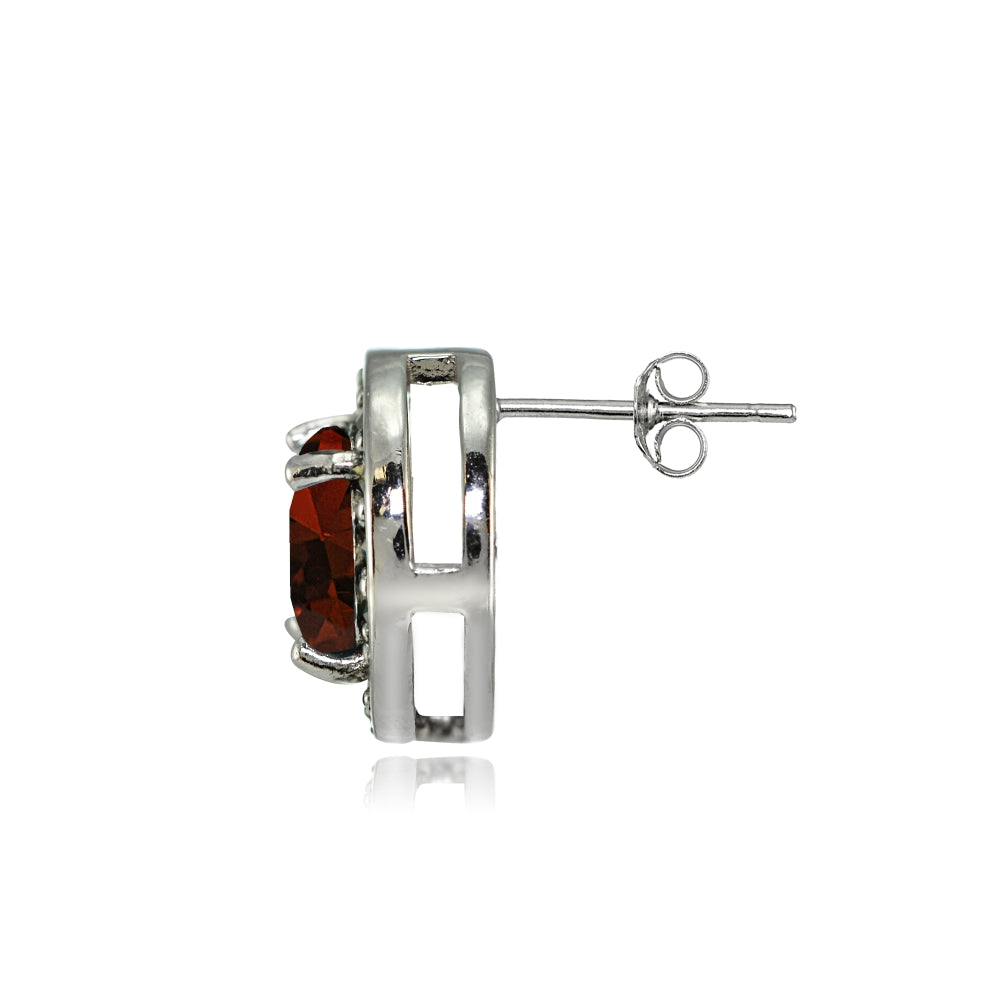 Sterling Silver Garnet and Marcasite Halo Stud Earrings-2