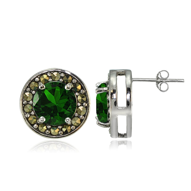 Sterling Silver Created Emerald and Marcasite Halo Stud Earrings