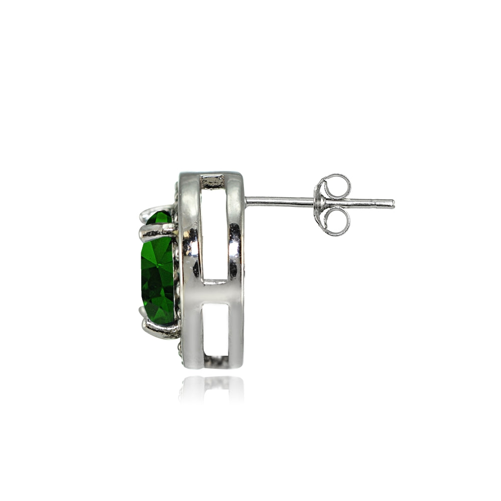 Sterling Silver Created Emerald and Marcasite Halo Stud Earrings-2