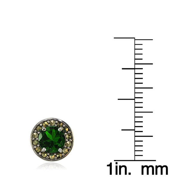 Sterling Silver Created Emerald and Marcasite Halo Stud Earrings