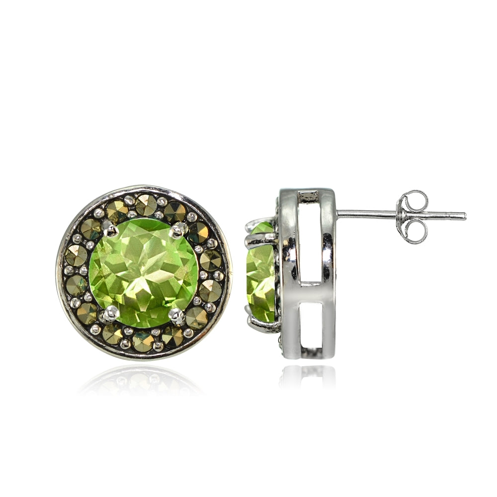 Sterling Silver Peridot and Marcasite Halo Stud Earrings