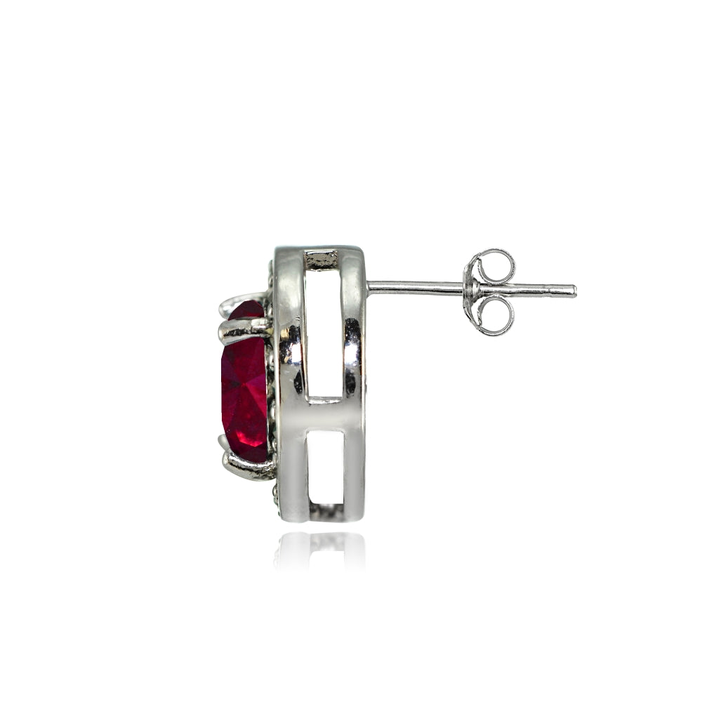 Sterling Silver Created Ruby and Marcasite Halo Stud Earrings-2