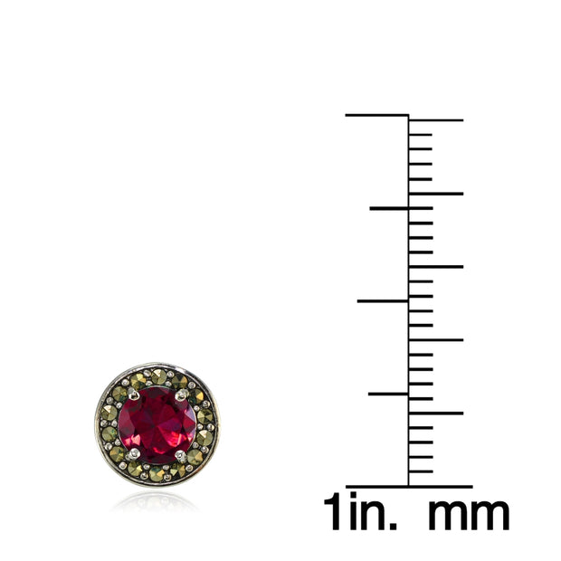 Sterling Silver Created Ruby and Marcasite Halo Stud Earrings