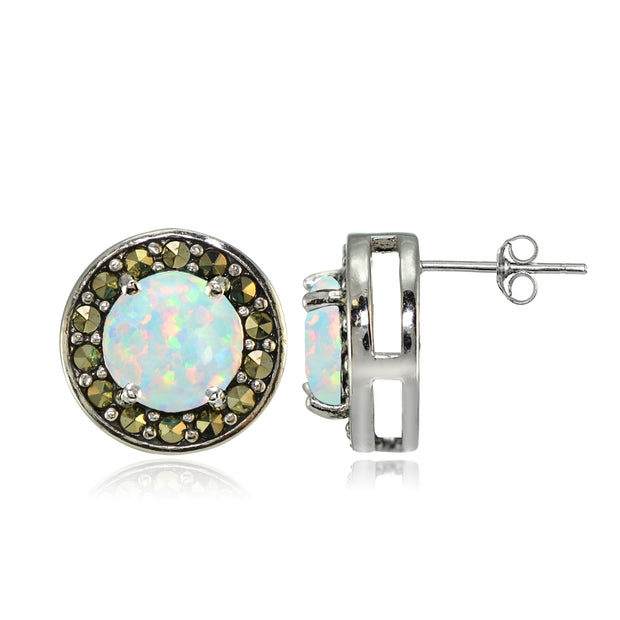 Sterling Silver Created White Opal and Marcasite Halo Stud Earrings