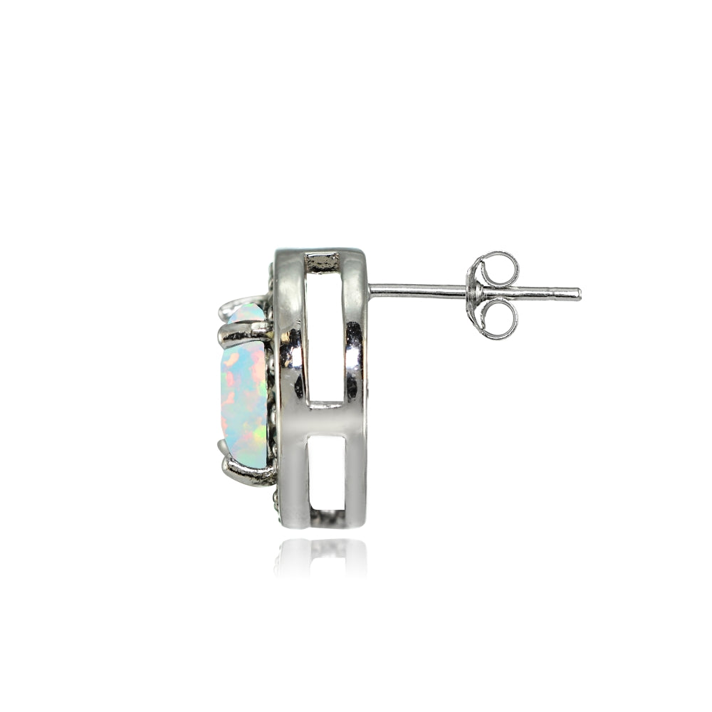 Sterling Silver Created White Opal and Marcasite Halo Stud Earrings-2