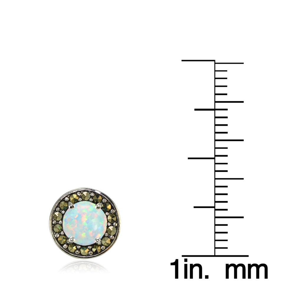 Sterling Silver Created White Opal and Marcasite Halo Stud Earrings-3