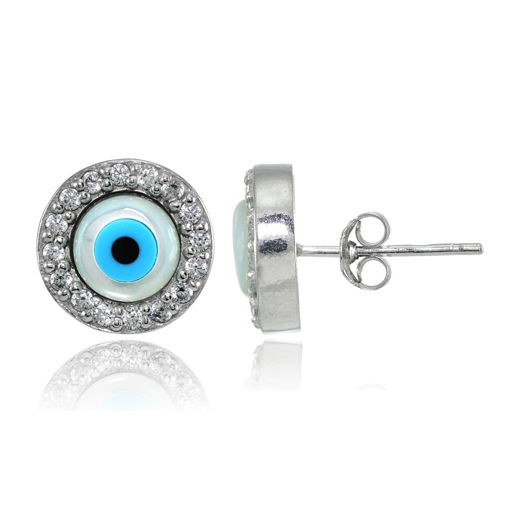 Sterling Silver Cubic Zirconia and Multi Colored Enamel Evil Eye Stud Earrings