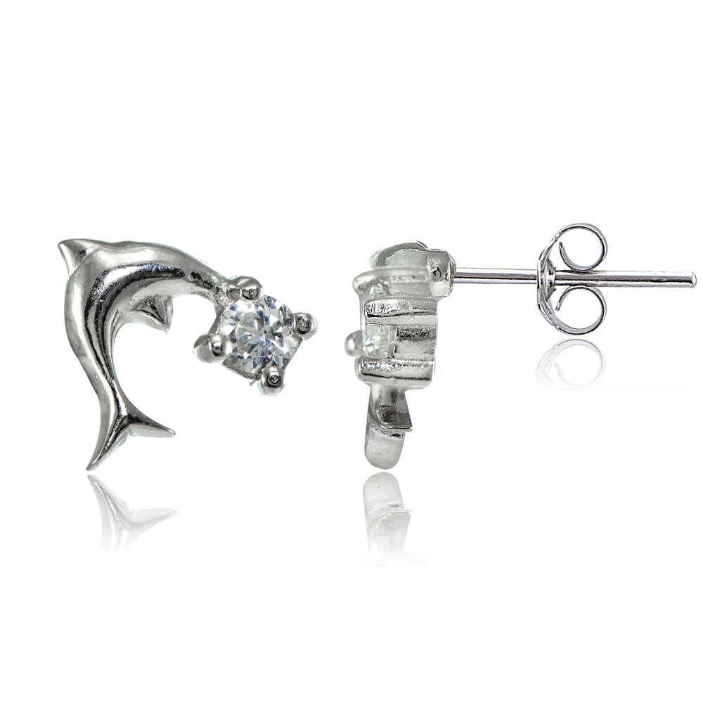 Sterling Silver Cubic Zirconia Dolphin Stud Earrings