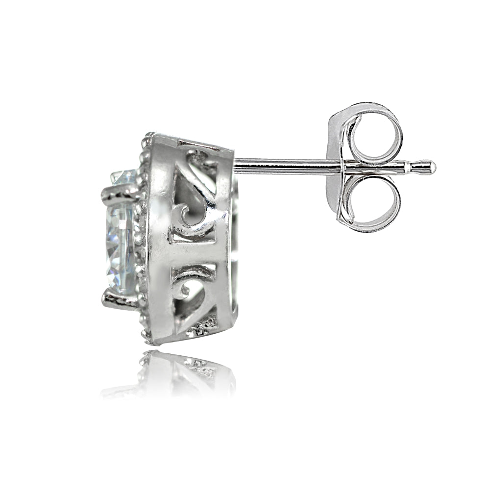 Sterling Silver Cubic Zirconia Round Halo Stud Earrings-2