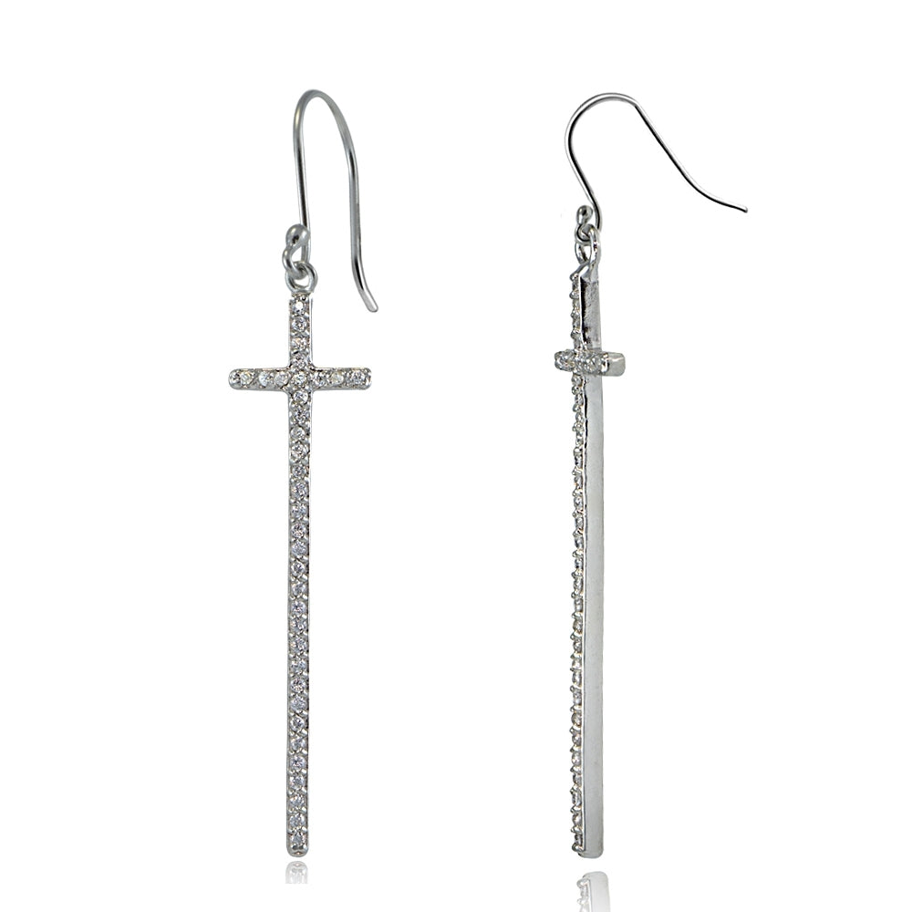 Sterling Silver Cubic Zirconia Elongated Dangling Cross Earrings