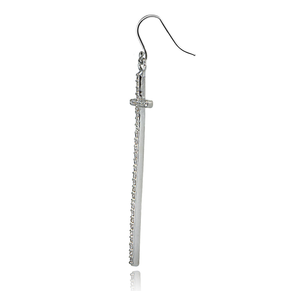 Sterling Silver Cubic Zirconia Elongated Dangling Cross Earrings-2