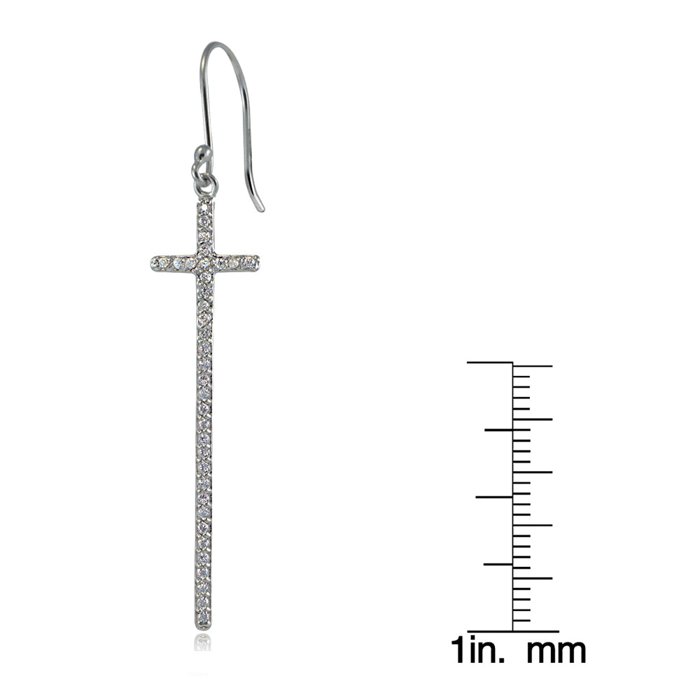 Sterling Silver Cubic Zirconia Elongated Dangling Cross Earrings-3