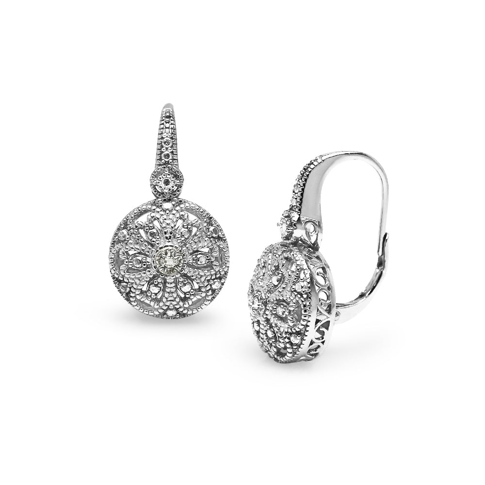Sterling Silver Round Filigree Diamond Accent Leverback Drop Earrings, JK-I3