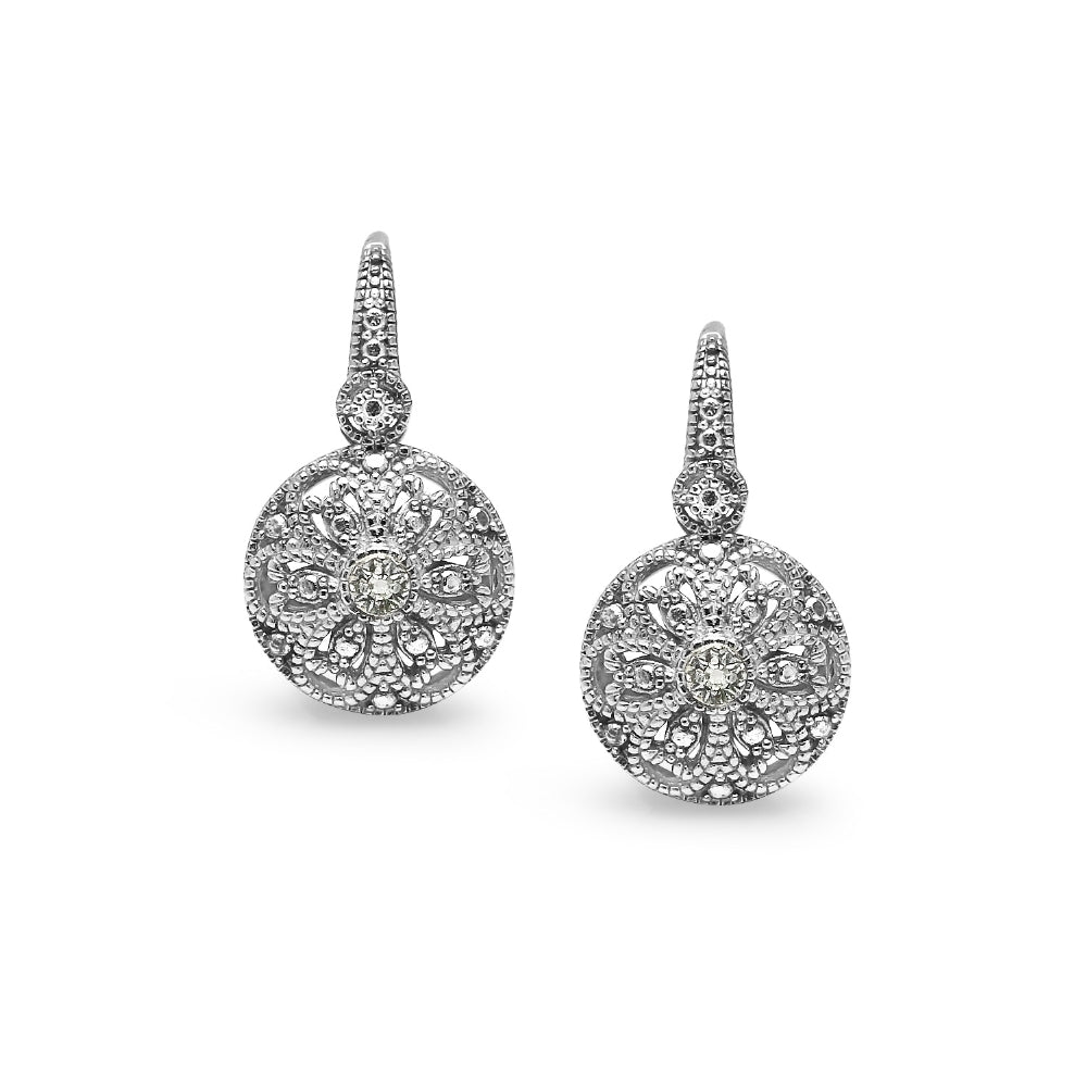Sterling Silver Round Filigree Diamond Accent Leverback Drop Earrings, JK-I3-2