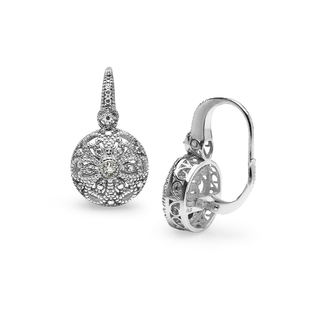 Sterling Silver Round Filigree Diamond Accent Leverback Drop Earrings, JK-I3-3
