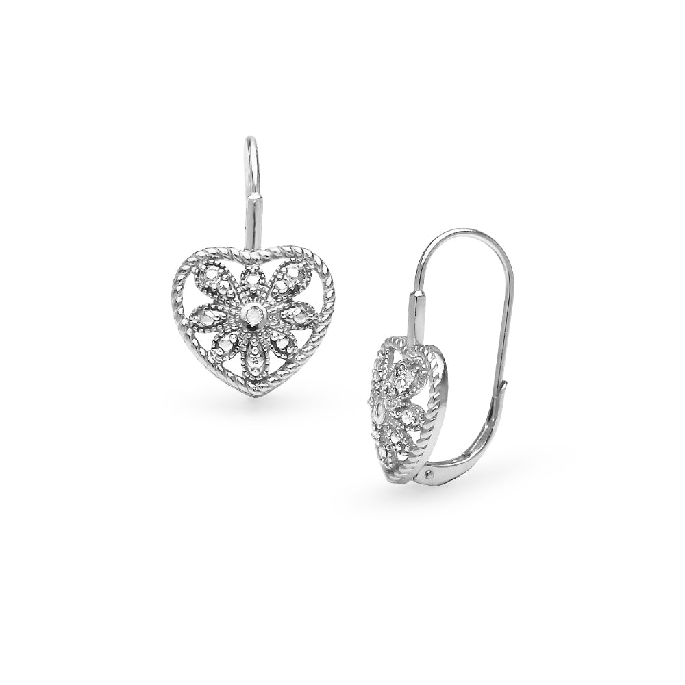 Sterling Silver Heart Filigree Flower Diamond Accent Leverback Drop Earrings, JK-I3