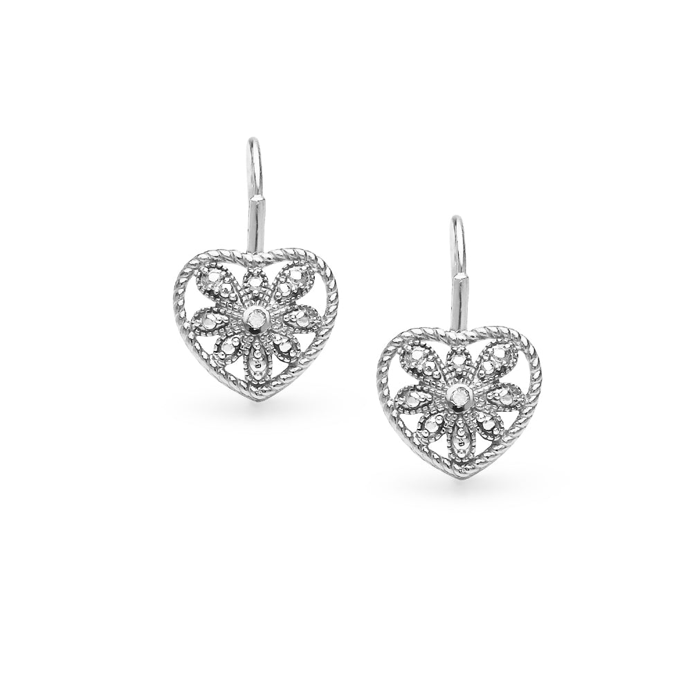 Sterling Silver Heart Filigree Flower Diamond Accent Leverback Drop Earrings, JK-I3-2