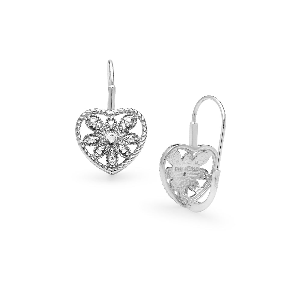 Sterling Silver Heart Filigree Flower Diamond Accent Leverback Drop Earrings, JK-I3-3