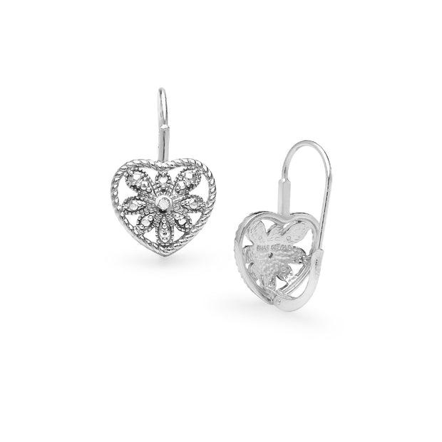 Sterling Silver Heart Filigree Flower Diamond Accent Leverback Drop Earrings, JK-I3