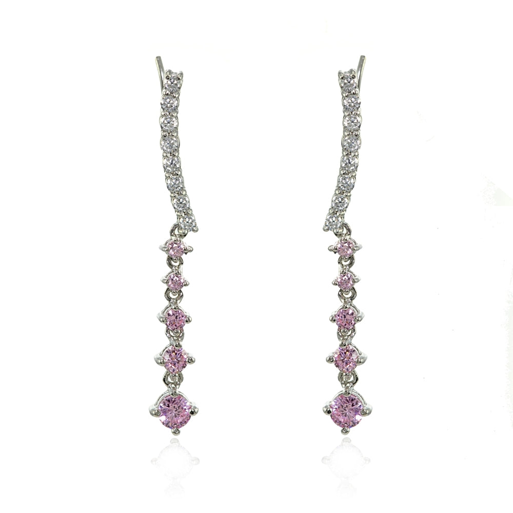 Sterling Silver Round Light Pink Cubic Zirconia Climber Crawler Dangle Earrings