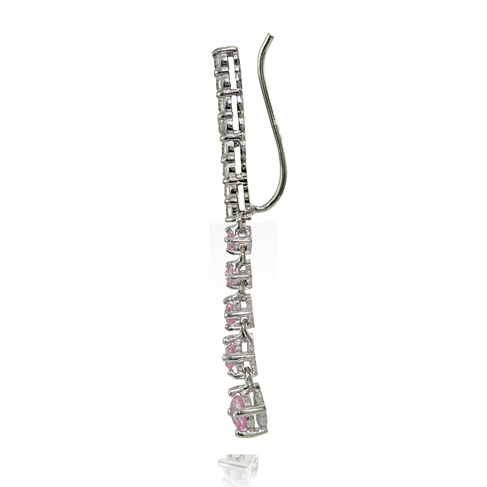 Sterling Silver Round Light Pink Cubic Zirconia Climber Crawler Dangle Earrings-2