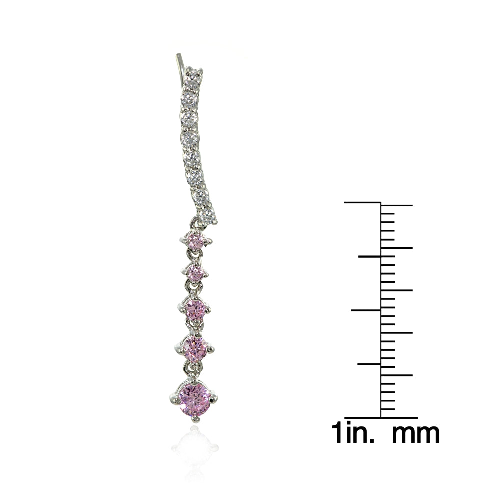 Sterling Silver Round Light Pink Cubic Zirconia Climber Crawler Dangle Earrings-3
