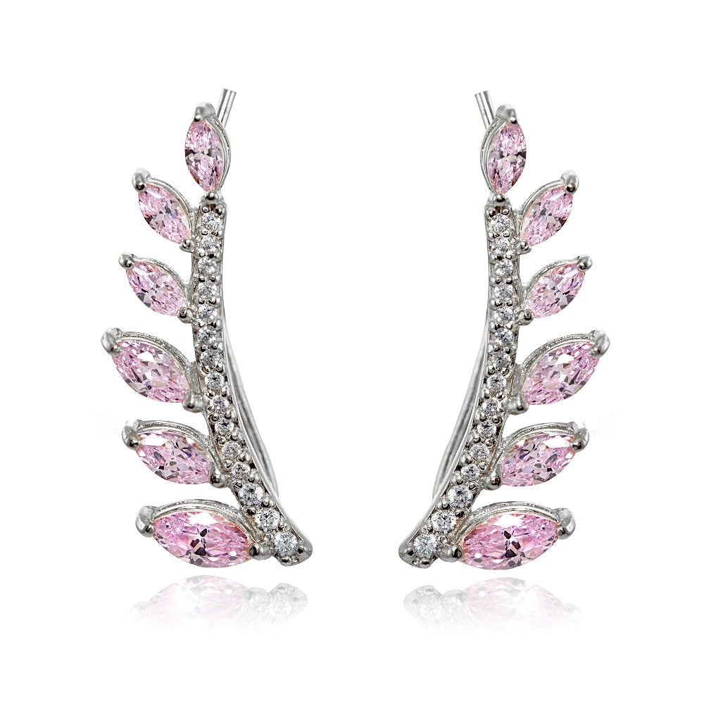 Sterling Silver Light Pink and Clear Cubic Zirconia Leaf Climber Crawler Earrings