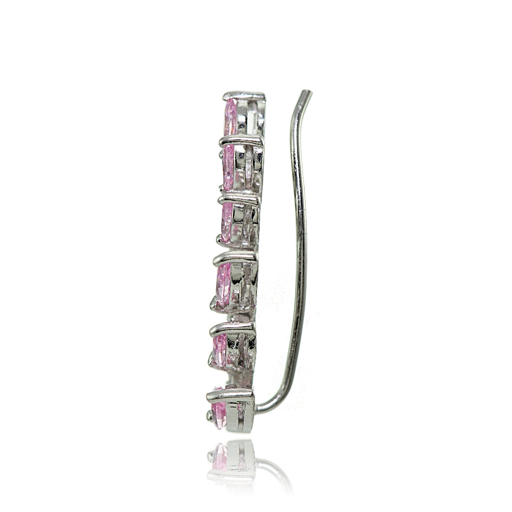 Sterling Silver Light Pink and Clear Cubic Zirconia Leaf Climber Crawler Earrings-2