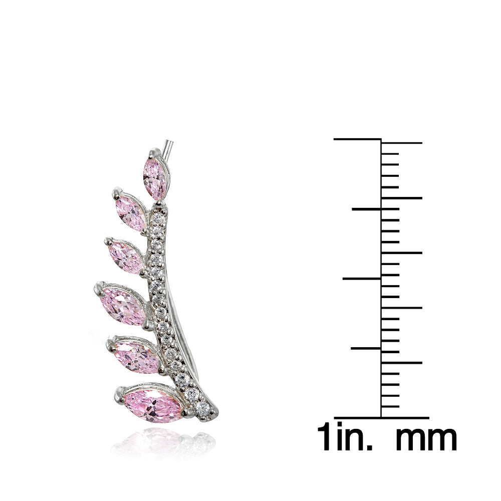 Sterling Silver Light Pink and Clear Cubic Zirconia Leaf Climber Crawler Earrings-3