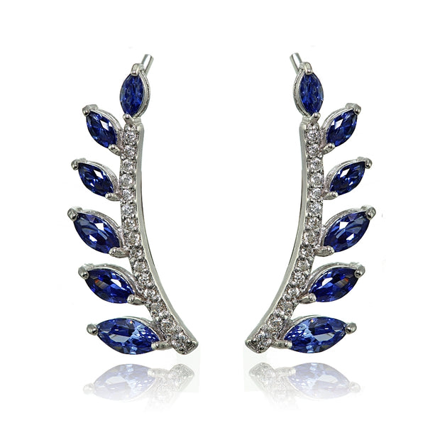 Sterling Silver Created Tanzanite and Cubic Zirconia Leaf Climber Crawler Earrings