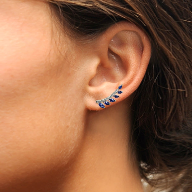 Sterling Silver Created Tanzanite and Cubic Zirconia Leaf Climber Crawler Earrings