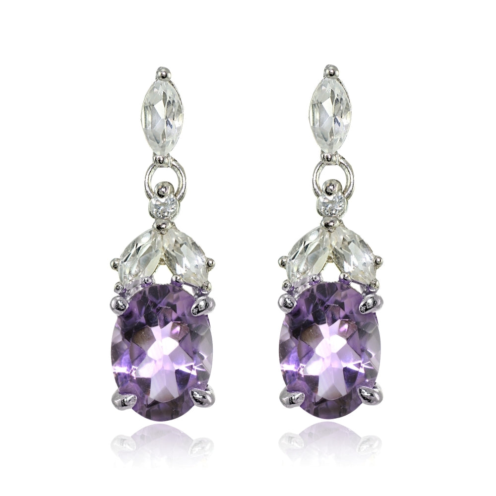 Sterling Silver Amethyst and White Topaz Oval Dangle Earrings